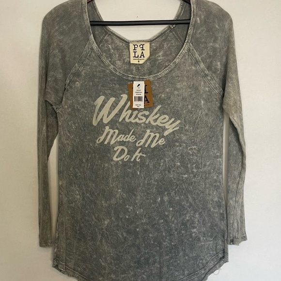 NWT PPLA Whiskey Made Me Do It Charcoal Long Sleeve Scoop Graphic Tee Medium NEW - Picture 1 of 4
